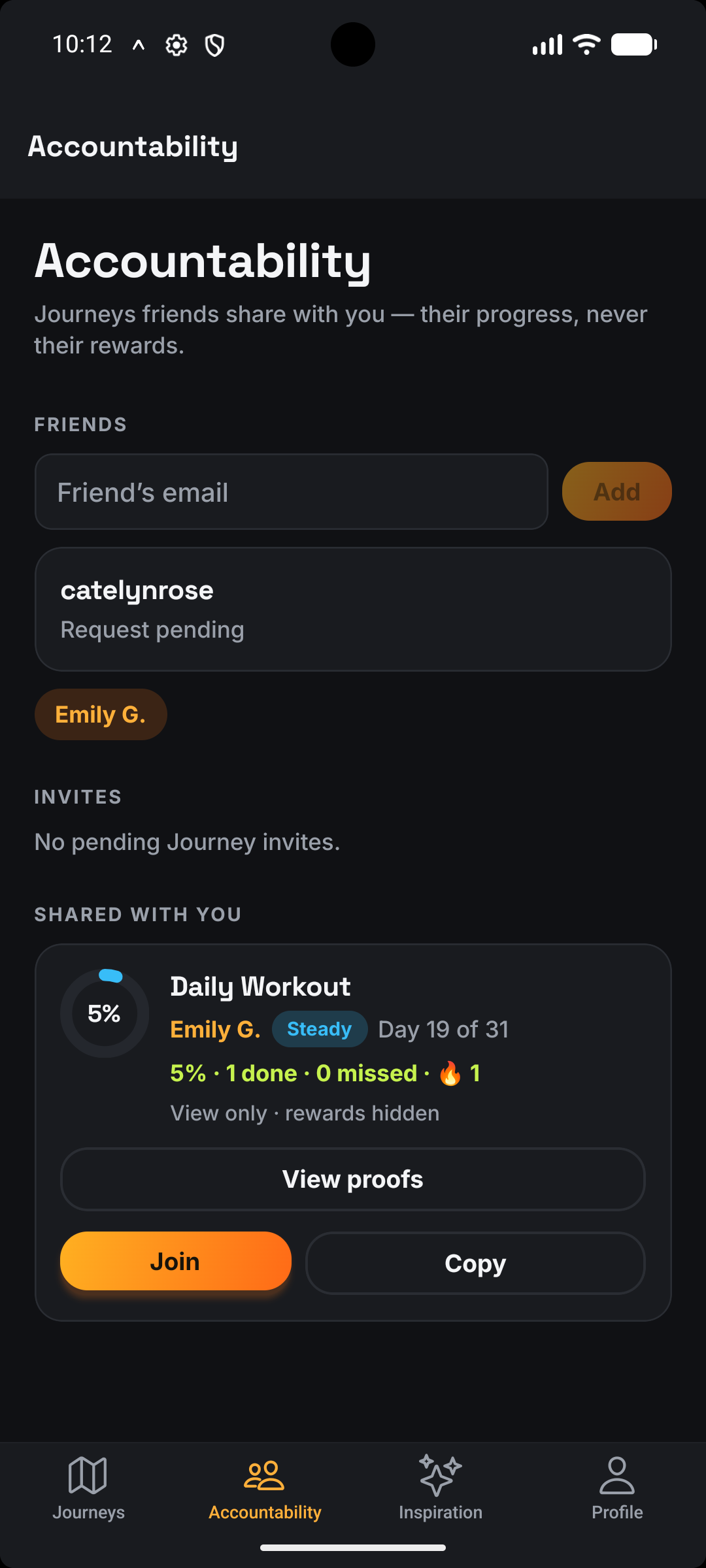 Motivus Accountability tab with friends and shared journeys