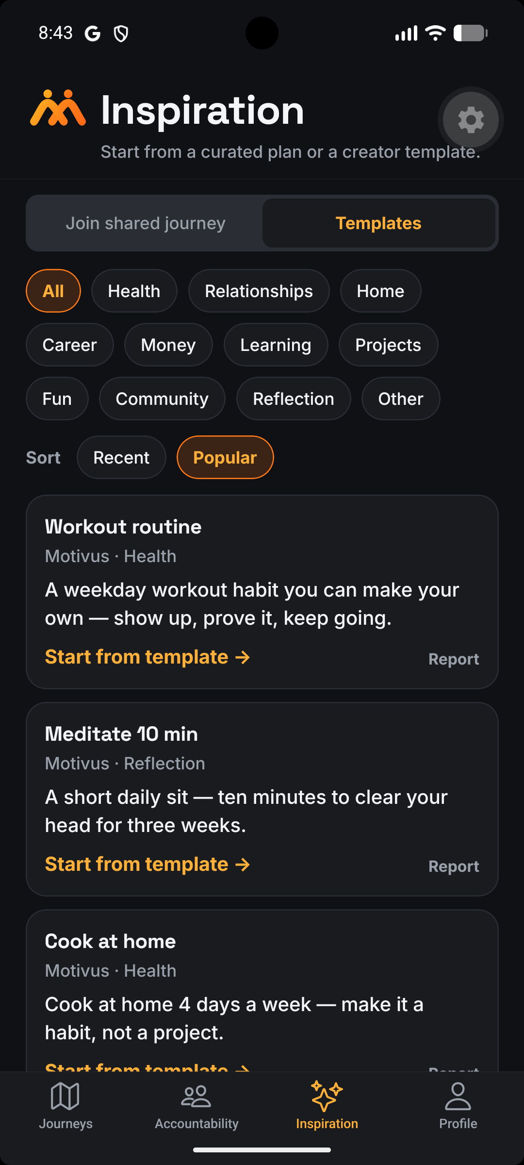 Motivus Inspiration templates to start a Journey fast